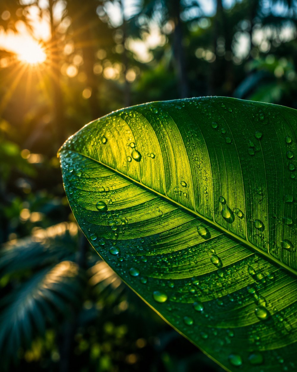Hoja tropical con gotas de rocío a contraluz del amanecer