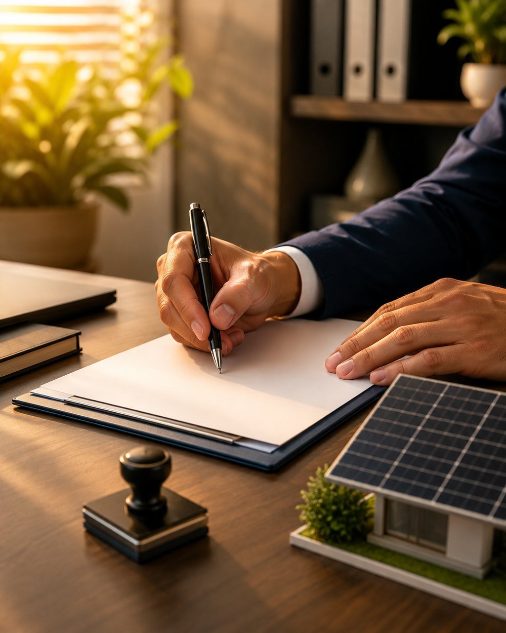 Firma de documentos de incentivos con maqueta de casa solar