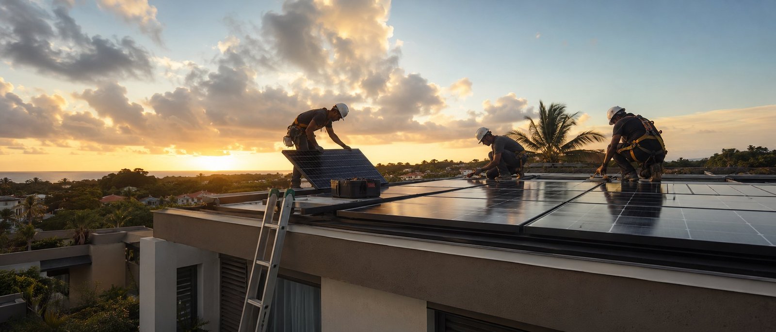 Equipo de instaladores colocando placas solares en un techo al atardecer